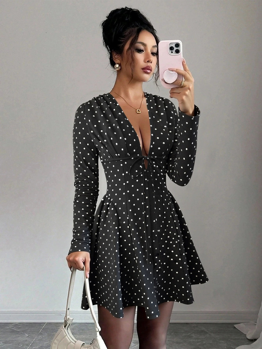 ZARA Spring Summer Sweet Polka Dot Collar Long Sleeve Elastic Waist Dress